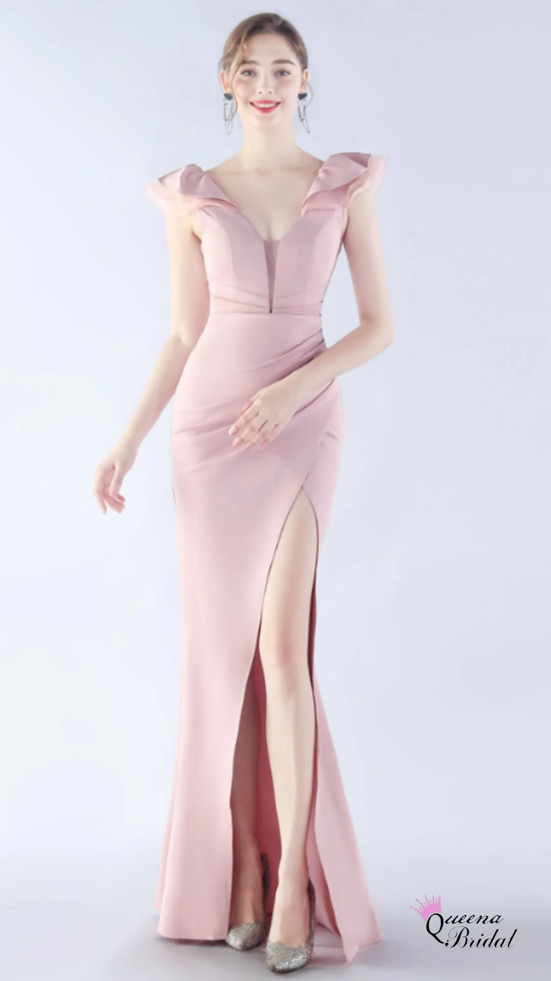 Gorgeous Light Pink V Neck Mermaid Side Slit Long Party Dress Prom Dresses ,WGP1794
