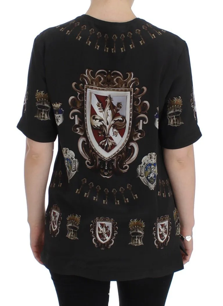 Gray Shield Print Silk Blouse T-shirt