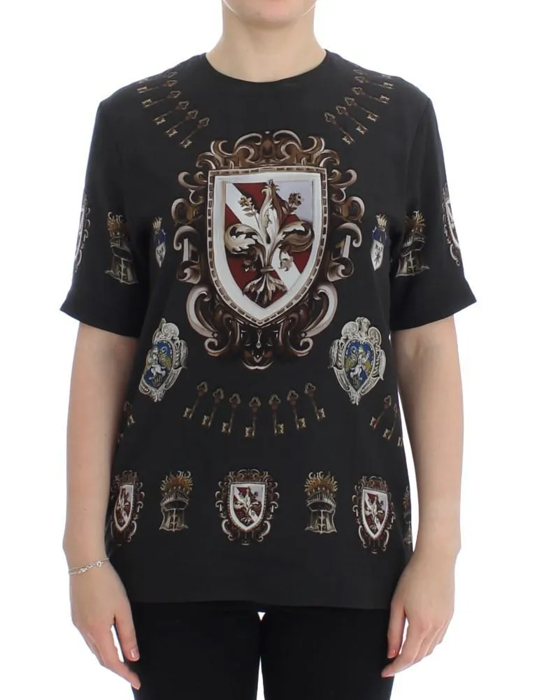 Gray Shield Print Silk Blouse T-shirt