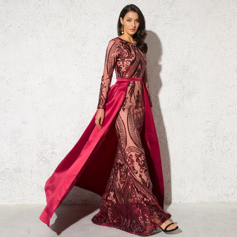 Green Sequined O Neck Full Sleeved Evening Party Dress Stretchy Floor Length Ball Gown with Detachable Train Burgundy