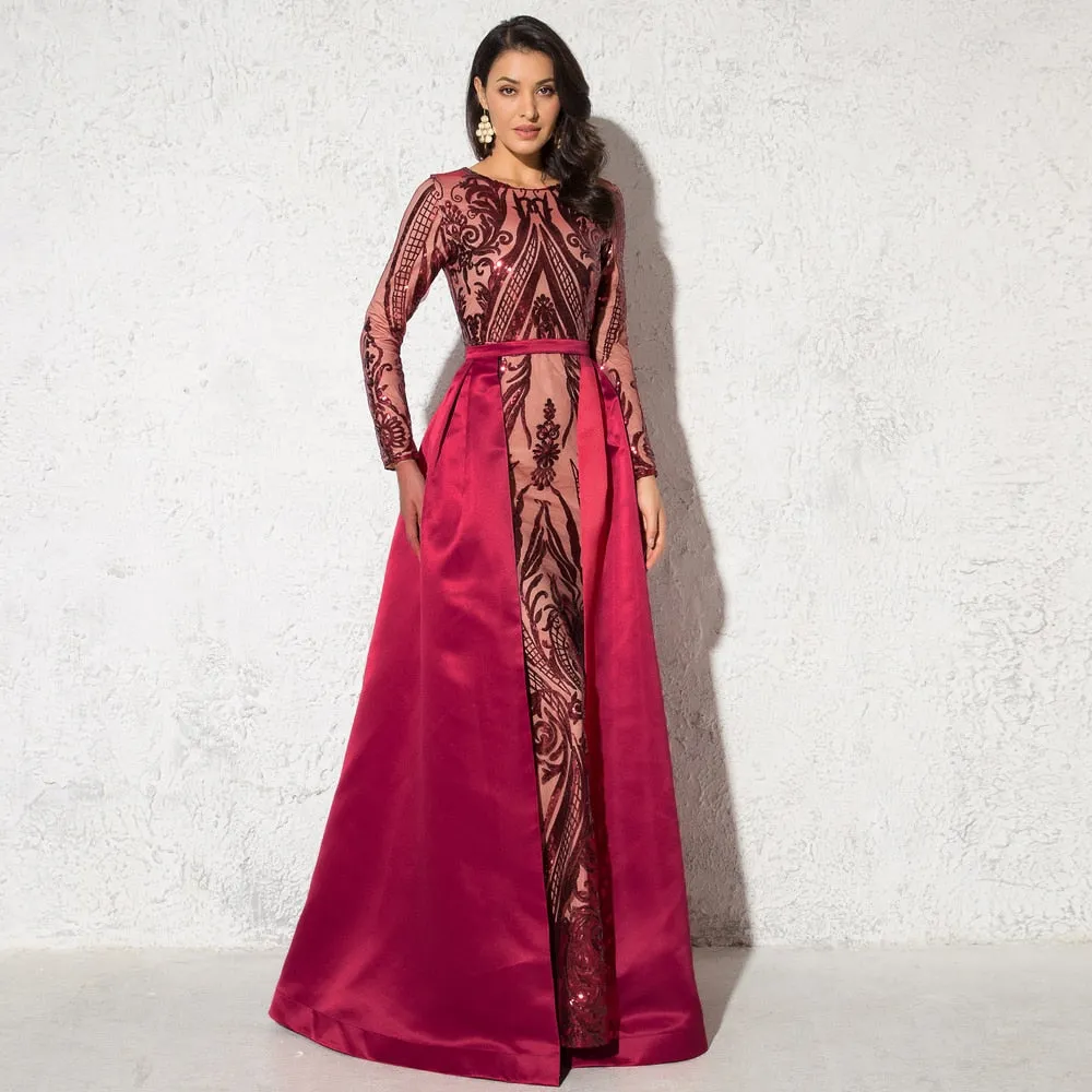 Green Sequined O Neck Full Sleeved Evening Party Dress Stretchy Floor Length Ball Gown with Detachable Train Burgundy