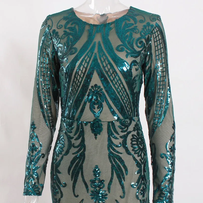 Green Sequined O Neck Full Sleeved Evening Party Dress Stretchy Floor Length Ball Gown with Detachable Train Burgundy