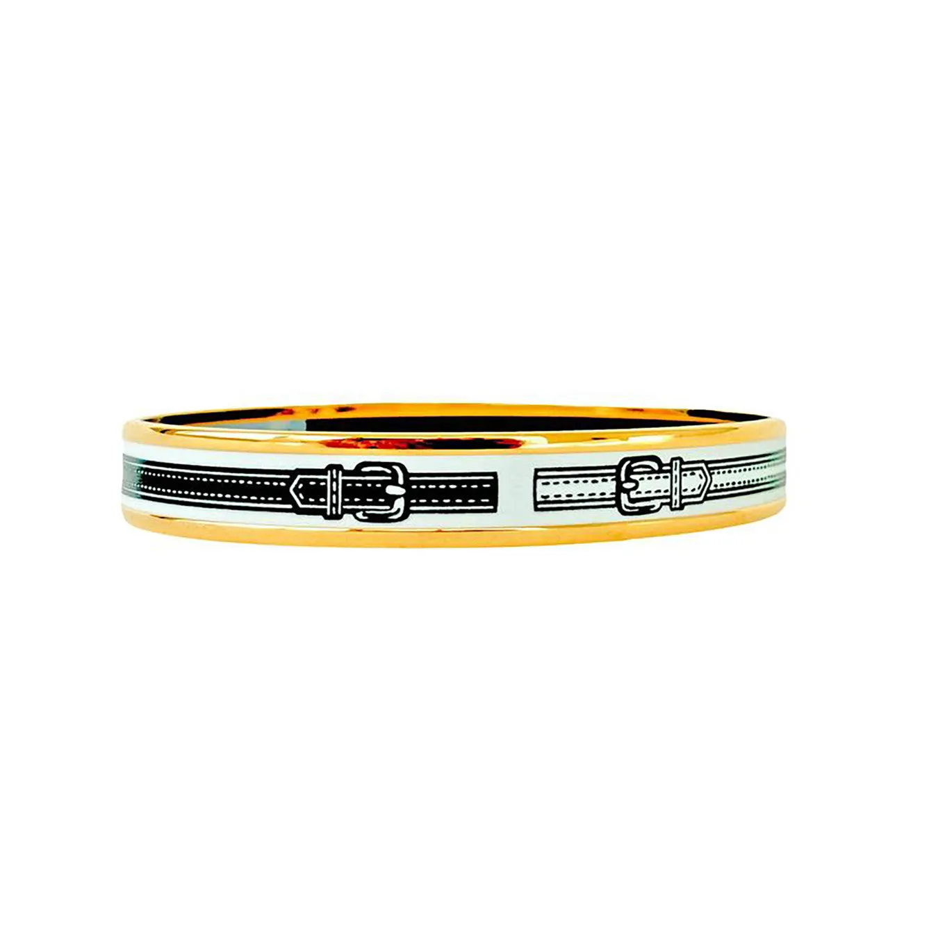 Hermes White Black Narrow Gold Printed Enamel Bracelet 70