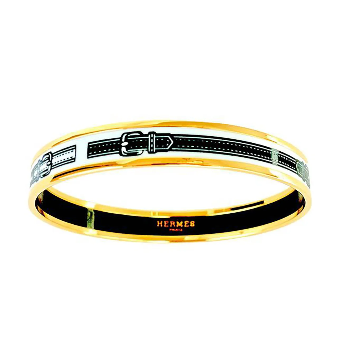 Hermes White Black Narrow Gold Printed Enamel Bracelet 70