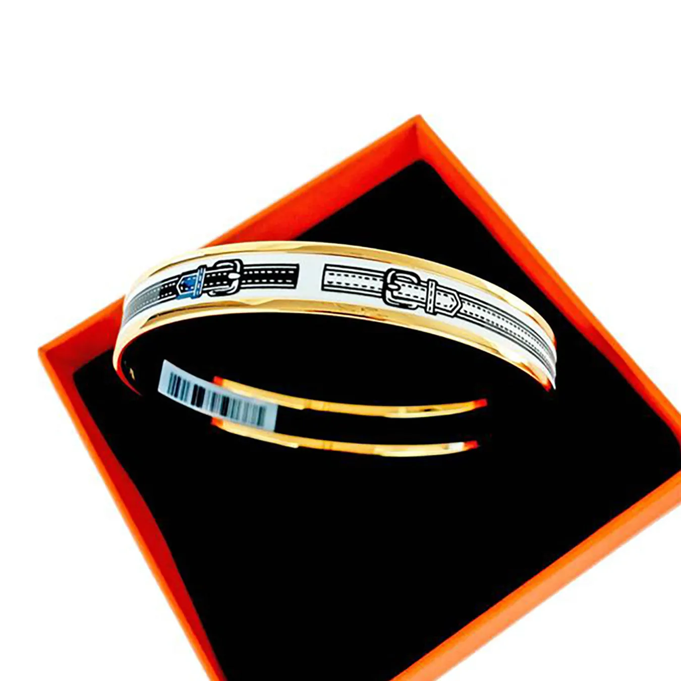 Hermes White Black Narrow Gold Printed Enamel Bracelet 70