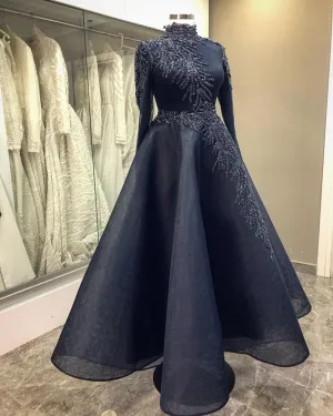 High Neck Beaded Crystals Navy Blue Women Formal Evening Gowns