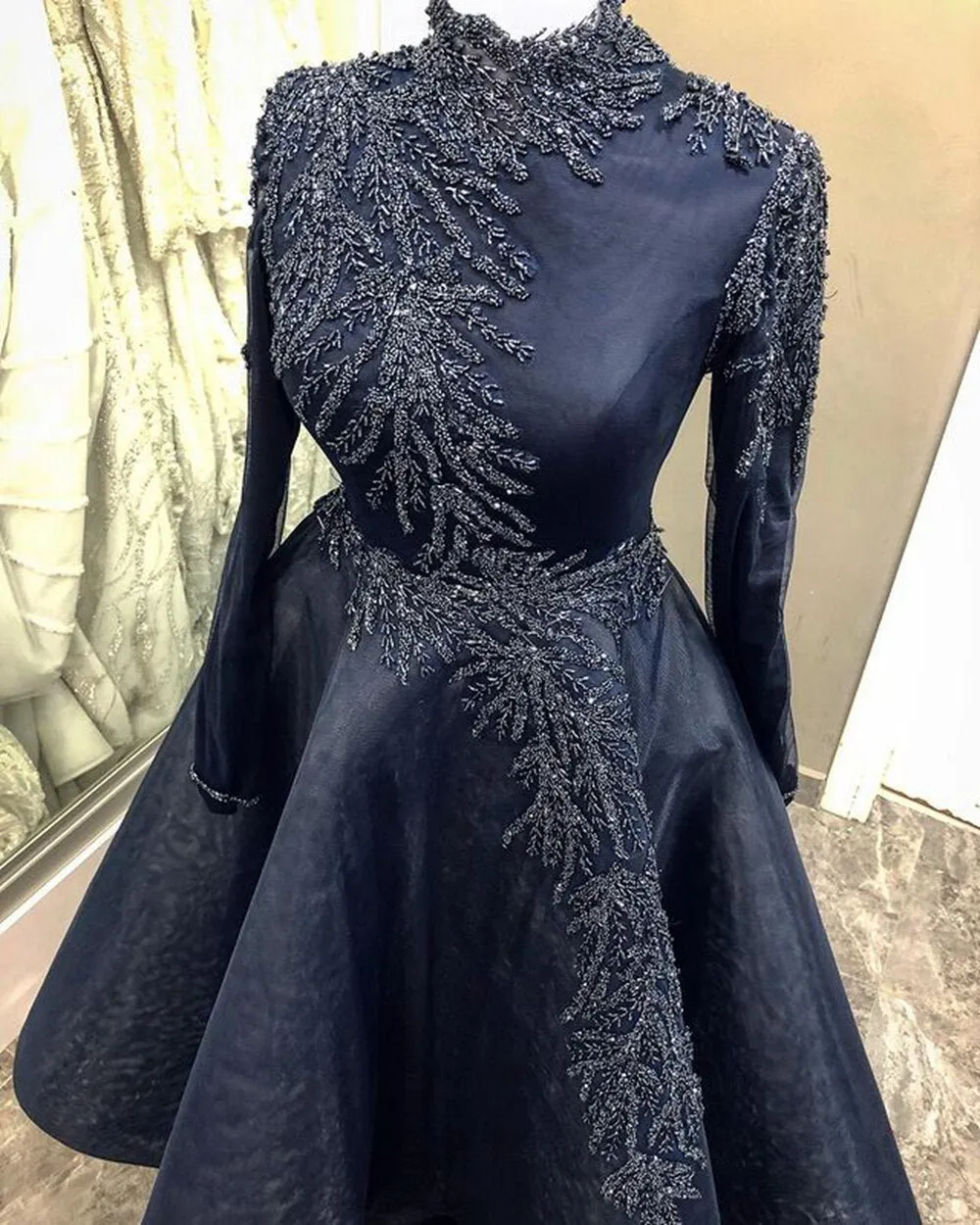 High Neck Beaded Crystals Navy Blue Women Formal Evening Gowns