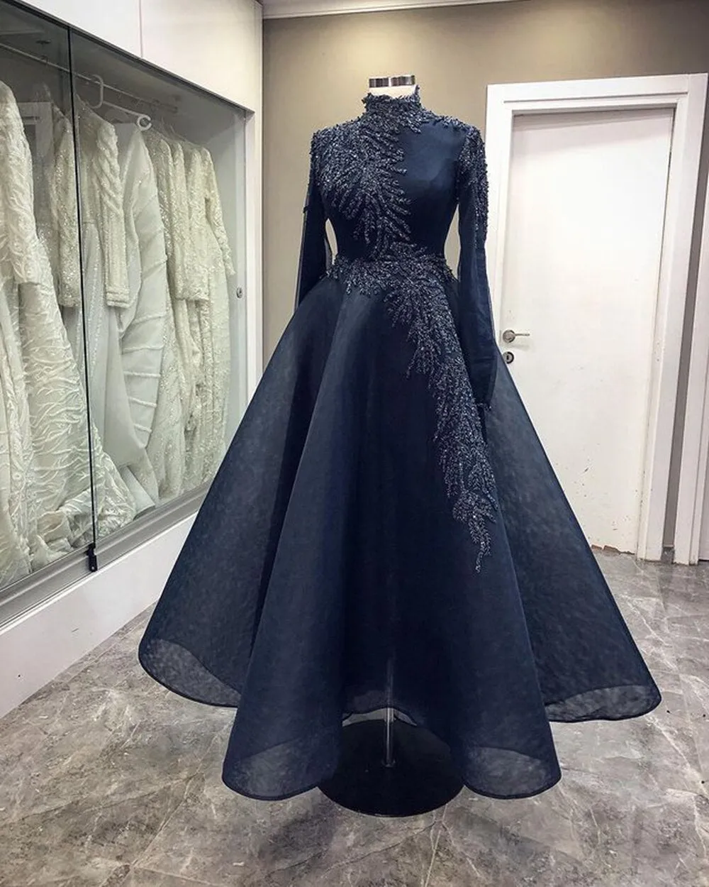 High Neck Beaded Crystals Navy Blue Women Formal Evening Gowns