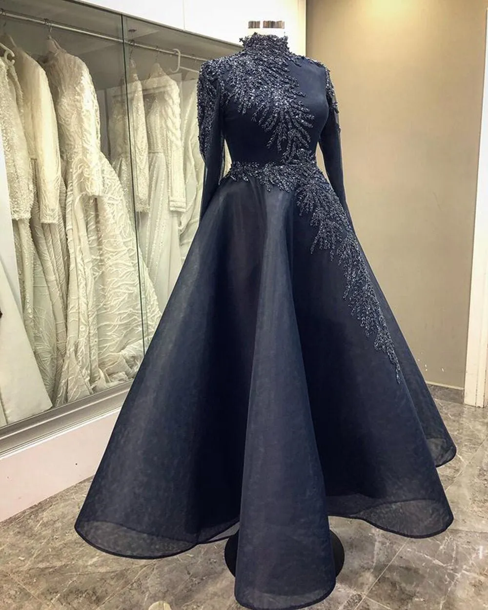High Neck Beaded Crystals Navy Blue Women Formal Evening Gowns