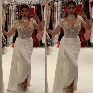 high neck beaded top evening dresses 2020 short sleeve mermaid white elegant arabic formal evening gown 2021