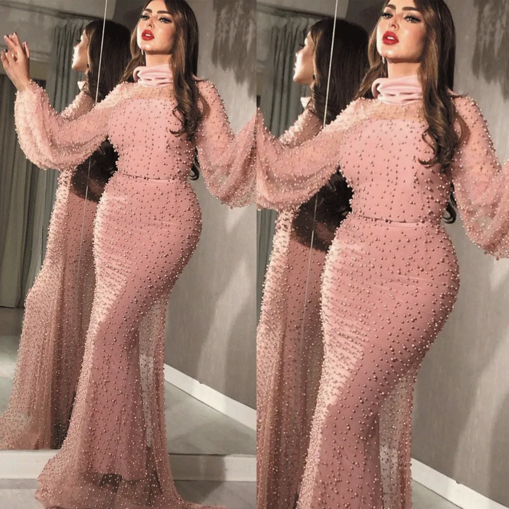 high neck evening dresses long sleeve mermaid pink peals beaded arabic evening gown 2020