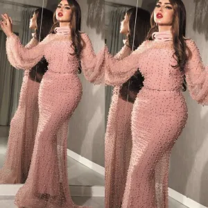 high neck evening dresses long sleeve mermaid pink peals beaded arabic evening gown 2020