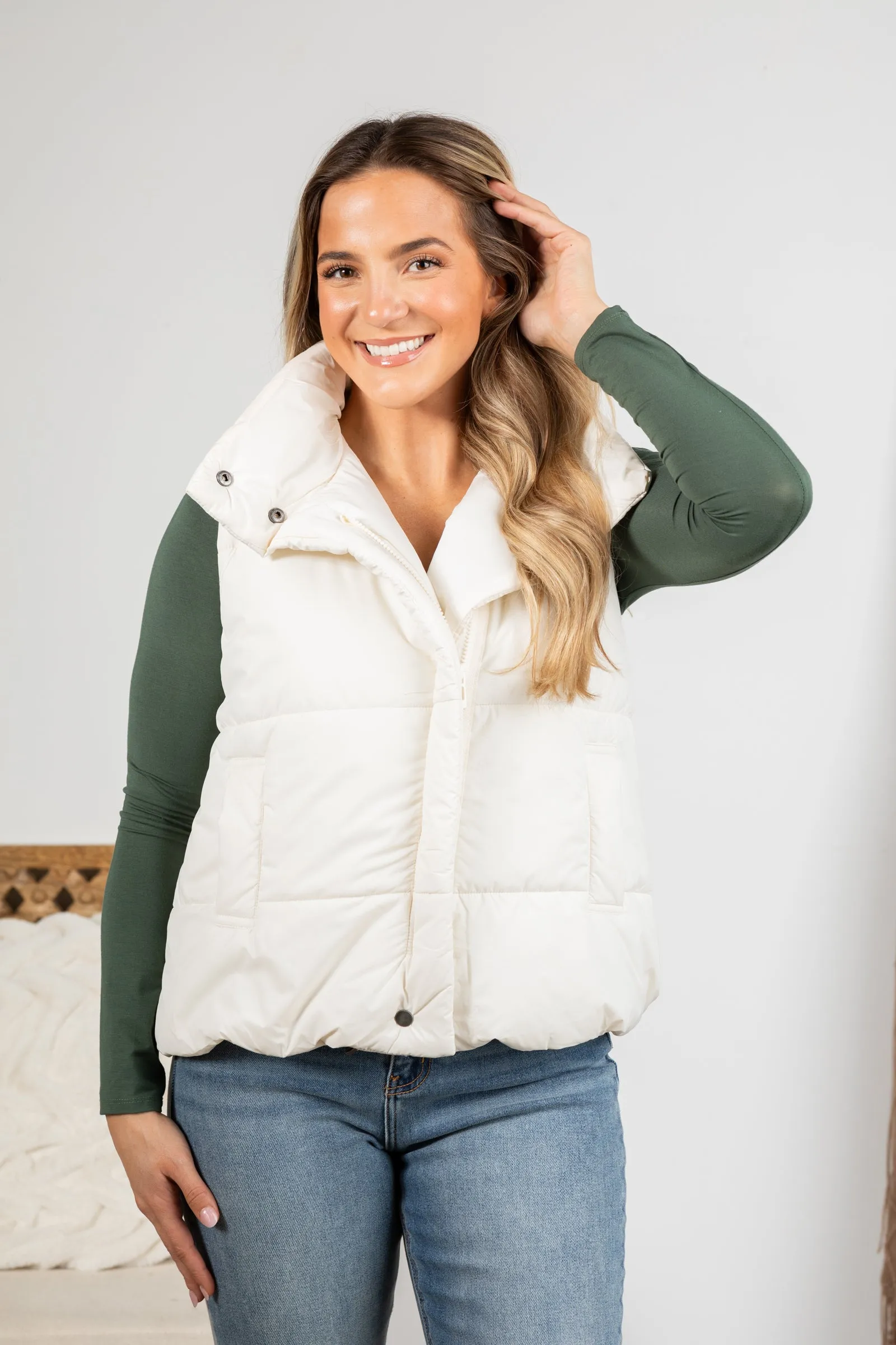 Ivory Asymmetrical Zip Up High Neck Vest