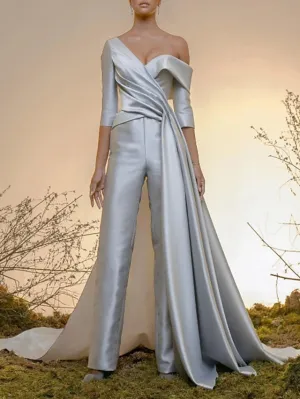 Jumpsuits Celebrity Style Minimalist Elegant Engagement Formal Evening Dress Off Shoulder Half Sleeve Court Train Satin with Pleats Overskirt 2022
