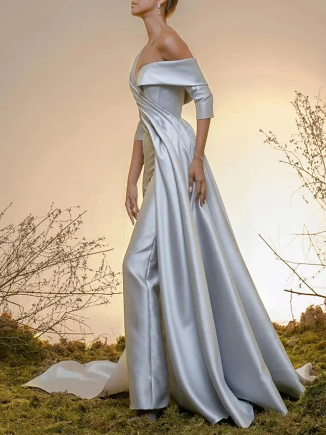 Jumpsuits Celebrity Style Minimalist Elegant Engagement Formal Evening Dress Off Shoulder Half Sleeve Court Train Satin with Pleats Overskirt 2022