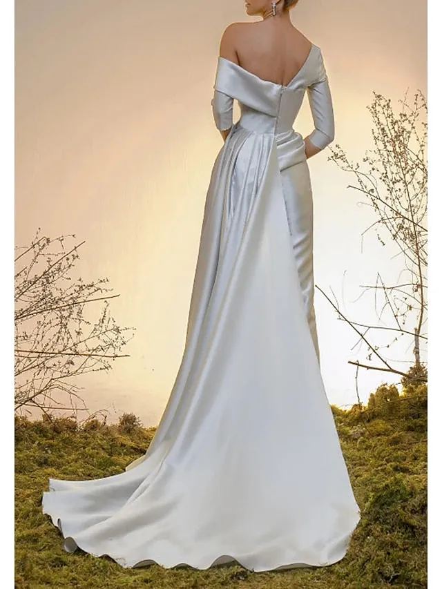Jumpsuits Celebrity Style Minimalist Elegant Engagement Formal Evening Dress Off Shoulder Half Sleeve Court Train Satin with Pleats Overskirt 2022