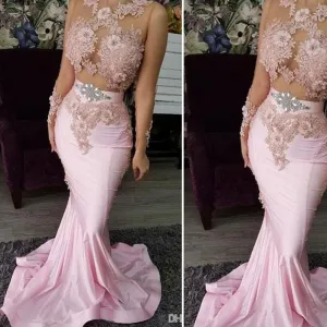 lace appliqué evening dresses pink mermaid beaded 3d flowers sleeveless evening gowns robe de soiree