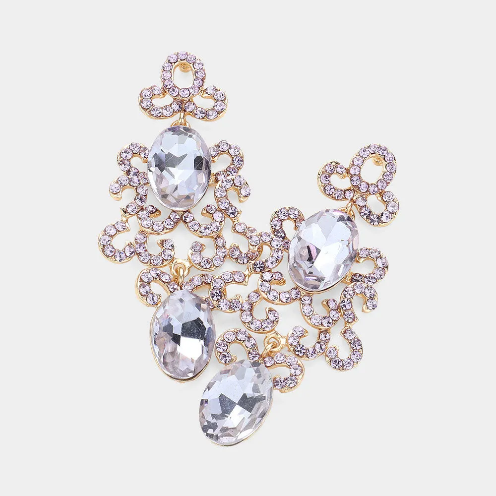 Lavender Oval and Rhinestone Crystal Abstract Pageant Earrings  | Evening Earrings |  627271