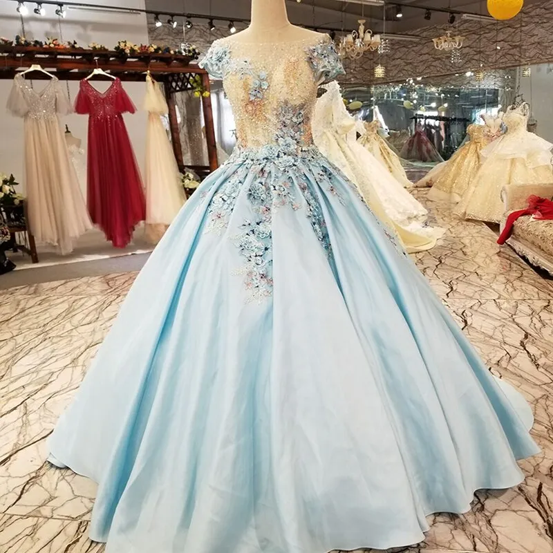 light blue a-line evening dress short sleeve lace up back satin dress with brush train for mothers of brides