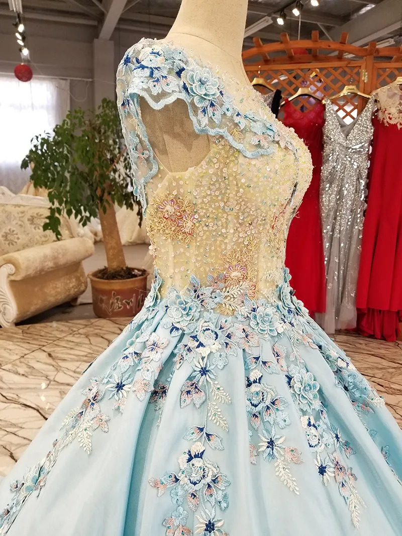 light blue a-line evening dress short sleeve lace up back satin dress with brush train for mothers of brides