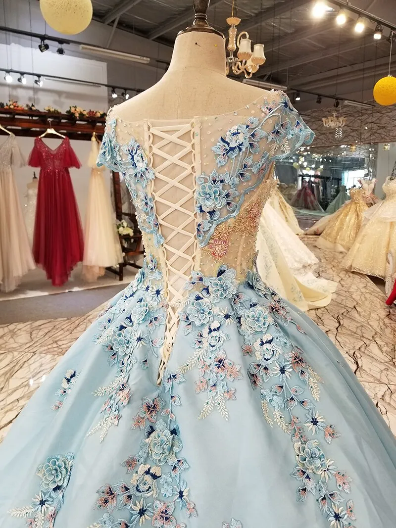 light blue a-line evening dress short sleeve lace up back satin dress with brush train for mothers of brides