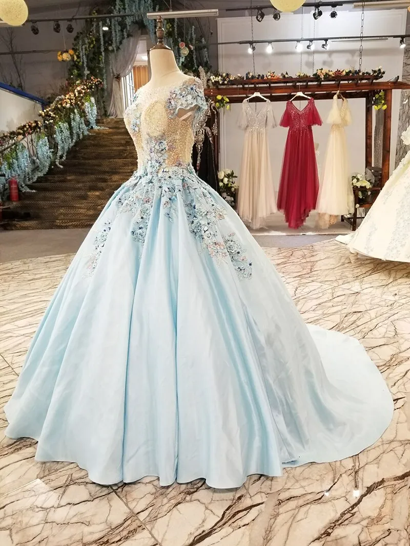 light blue a-line evening dress short sleeve lace up back satin dress with brush train for mothers of brides