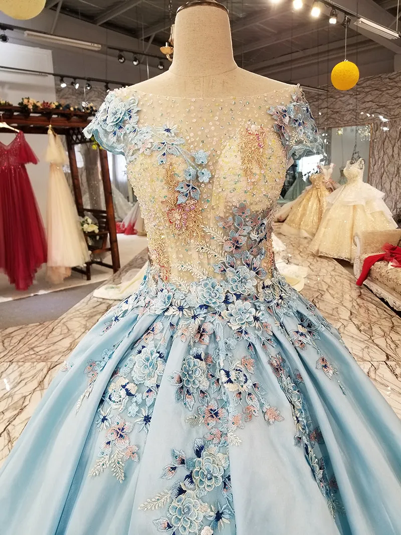 light blue a-line evening dress short sleeve lace up back satin dress with brush train for mothers of brides