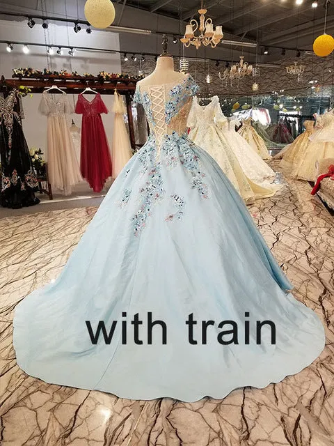 light blue a-line evening dress short sleeve lace up back satin dress with brush train for mothers of brides