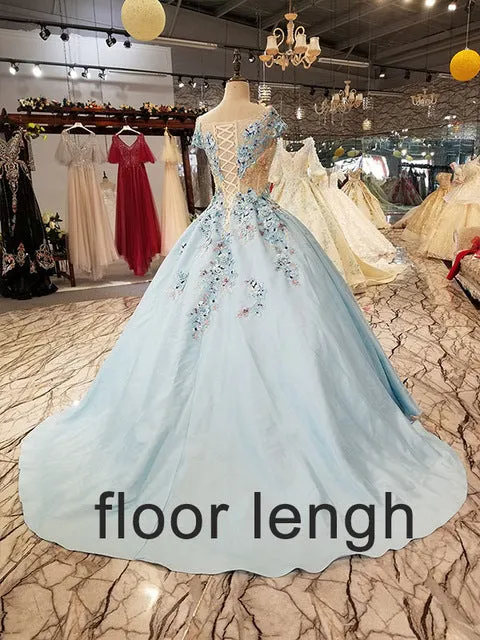 light blue a-line evening dress short sleeve lace up back satin dress with brush train for mothers of brides