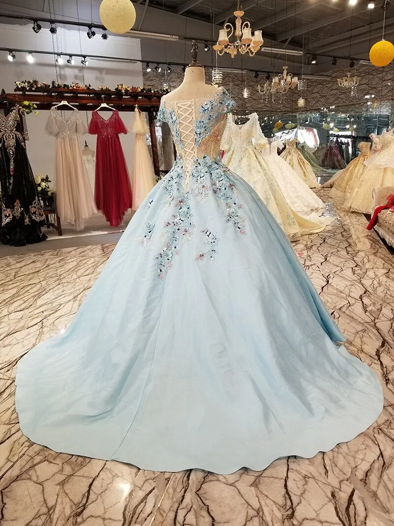 light blue a-line evening dress short sleeve lace up back satin dress with brush train for mothers of brides