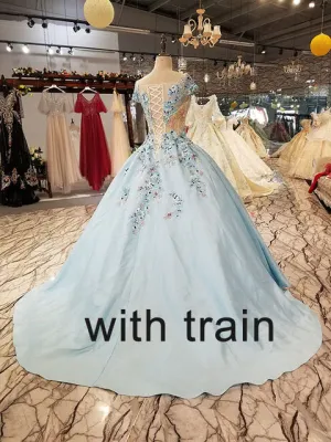 light blue a-line evening dress short sleeve lace up back satin dress with brush train for mothers of brides