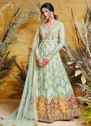 Light Green Traditional Multi Embroidered Layered Bridal Anarkali Suit