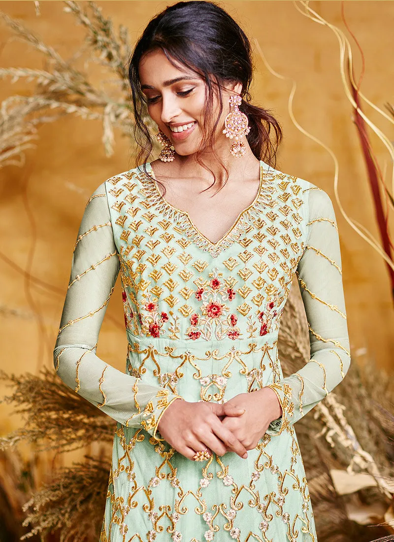 Light Green Traditional Multi Embroidered Layered Bridal Anarkali Suit