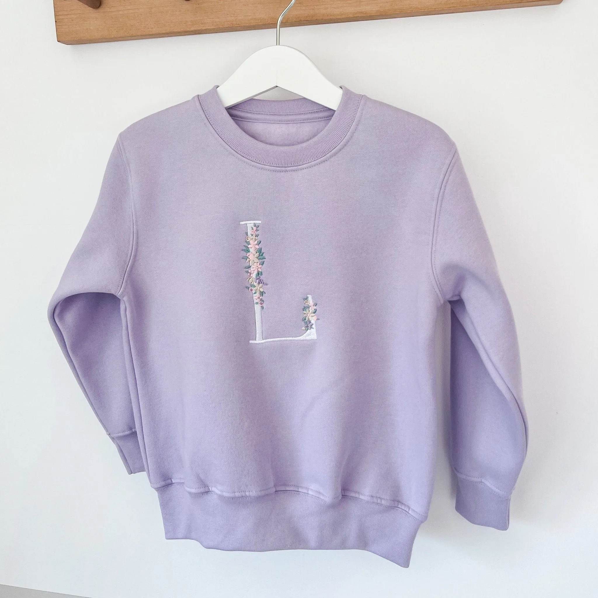 Lilac Embroidered Floral Initial Sweater