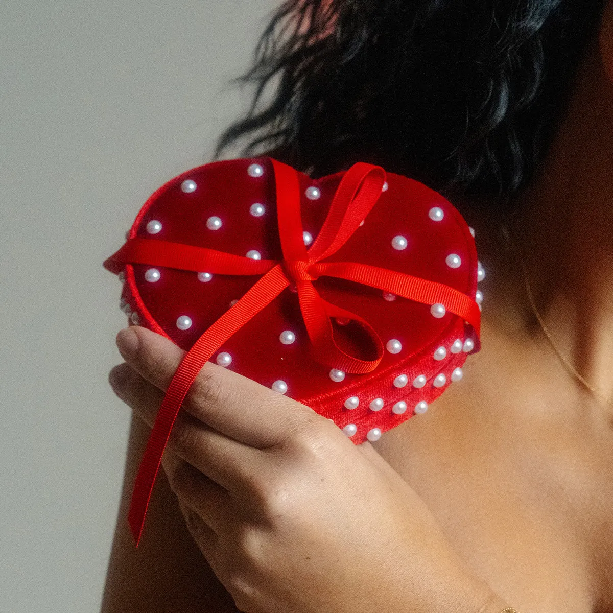 Limited Edition Heart Shaped Red Velvet Pearl Jewelry Box