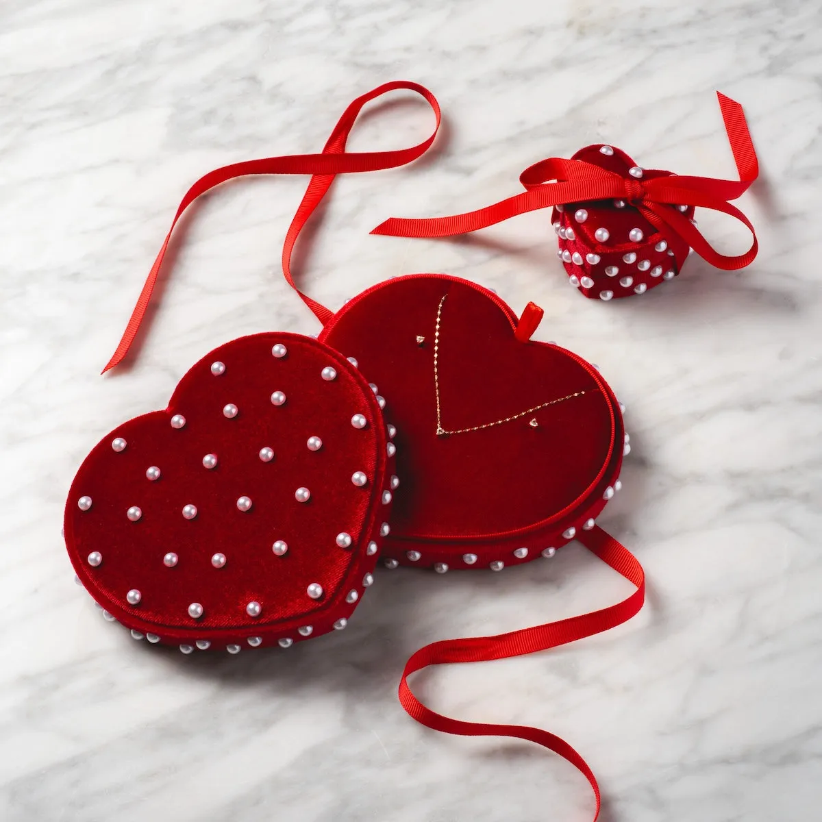 Limited Edition Heart Shaped Red Velvet Pearl Jewelry Box