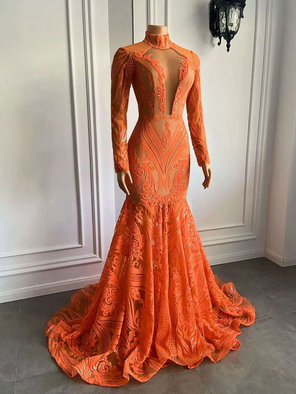 Long Sleeve Orange Sequin Girls Mermaid Real Prom Gala Party Gowns