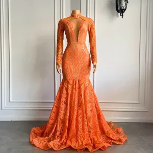 Long Sleeve Orange Sequin Girls Mermaid Real Prom Gala Party Gowns