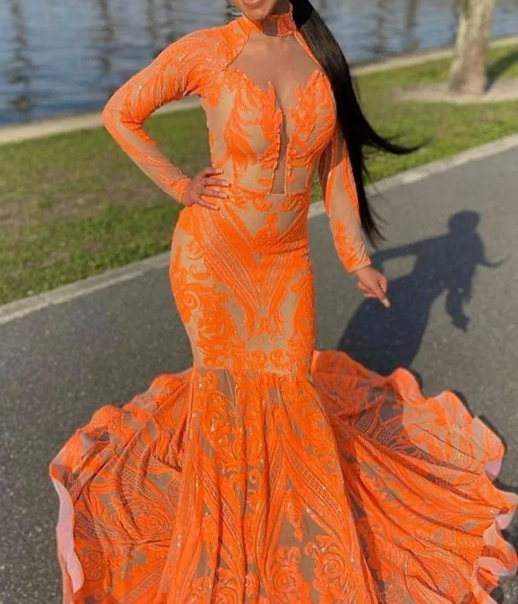 Long Sleeve Orange Sequin Girls Mermaid Real Prom Gala Party Gowns
