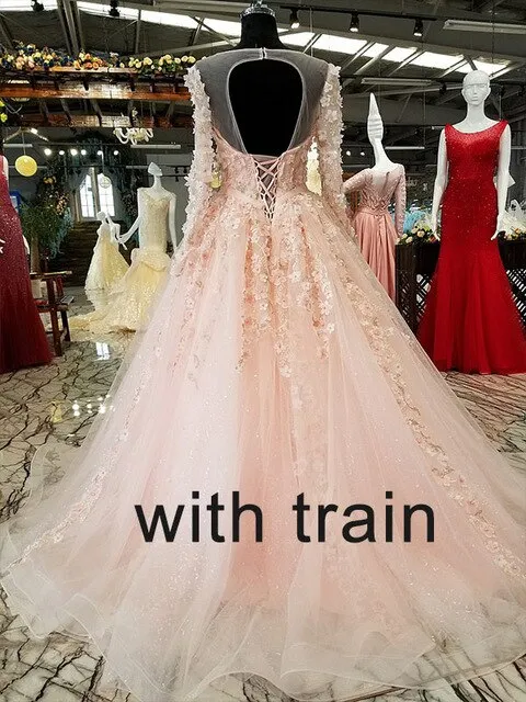 long sleeves pink evening dress A-line illusion lace up keyhole back simple formal party dress with flowers and beadings