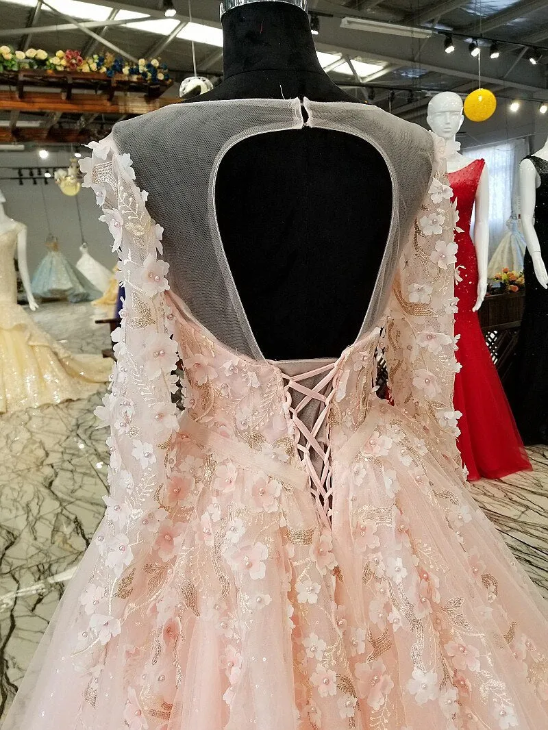 long sleeves pink evening dress A-line illusion lace up keyhole back simple formal party dress with flowers and beadings