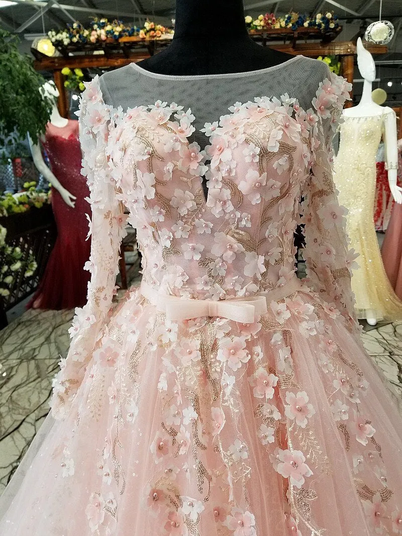 long sleeves pink evening dress A-line illusion lace up keyhole back simple formal party dress with flowers and beadings