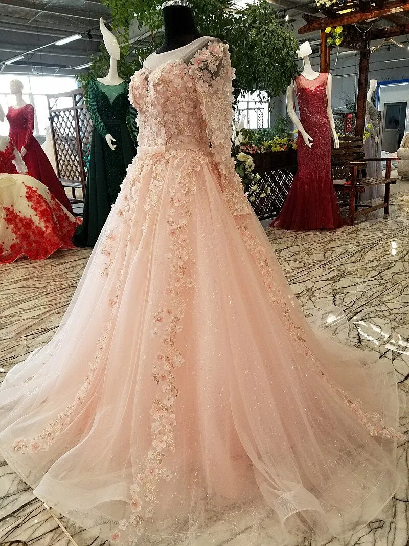 long sleeves pink evening dress A-line illusion lace up keyhole back simple formal party dress with flowers and beadings