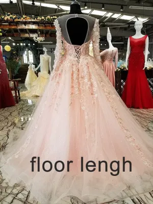 long sleeves pink evening dress A-line illusion lace up keyhole back simple formal party dress with flowers and beadings