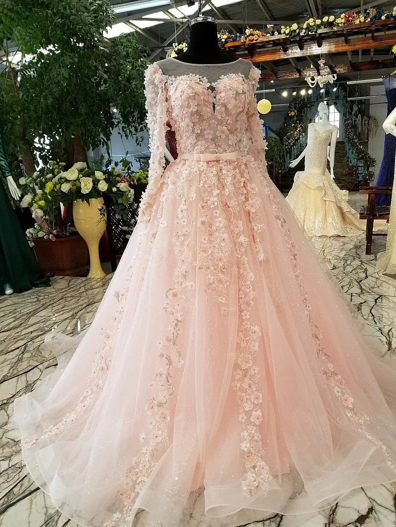 long sleeves pink evening dress A-line illusion lace up keyhole back simple formal party dress with flowers and beadings
