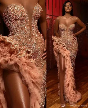 luxury beaded evening dresses long mermaid tiered dusty pink elegant modest sparkly evening gown