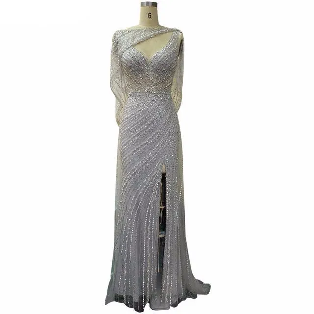 Luxury Champagne V-neck Sexy Evening Dresses Diamond Beading Sleeveless Mermaid Formal Dress