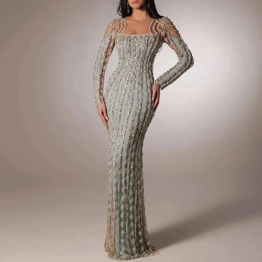 Luxury Gray Mermaid Gown Floor Length with Beaded Cut Outs