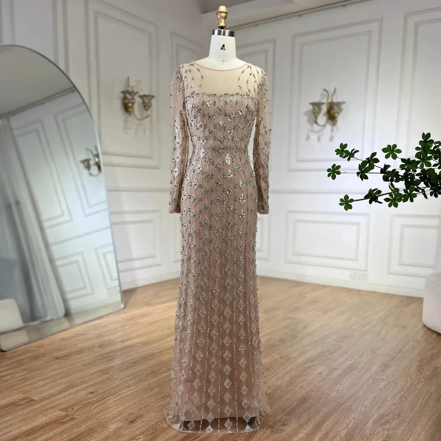 Luxury Gray Mermaid Gown Floor Length with Beaded Cut Outs
