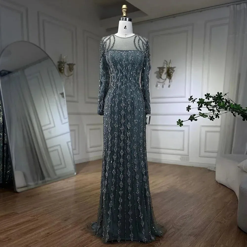 Luxury Gray Mermaid Gown Floor Length with Beaded Cut Outs